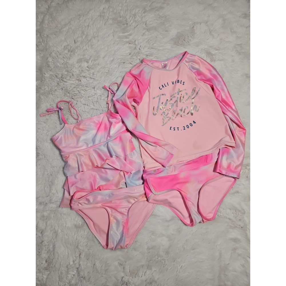 Justice Girls Swimsuit Lot Size M 10 Rash Guard Tankini 4 Pc Mix Match Tie Dye